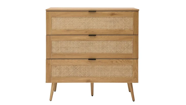 Commode En Bois Clair, Cannage De Rotin Et Métal Noir 3 Tiroirs L100 Cm MANILLE 1