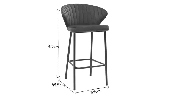 Tabouret De Bar Design En Tissu Velours Gaufré Bleu Pétrole Et Métal Noir H68 Cm DALLY 7