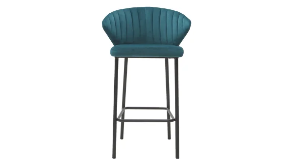 Tabouret De Bar Design En Tissu Velours Gaufré Bleu Pétrole Et Métal Noir H68 Cm DALLY 1