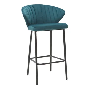 Tabouret De Bar Design En Tissu Velours Gaufré Bleu Pétrole Et Métal Noir H68 Cm DALLY 11