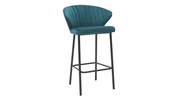 authentiques Tabouret De Bar Design En Tissu Velours Gaufré Bleu Pétrole Et Métal Noir H68 Cm DALLY 3