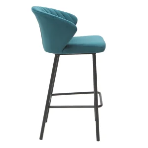 Tabouret De Bar Design En Tissu Velours Gaufré Bleu Pétrole Et Métal Noir H68 Cm DALLY 13