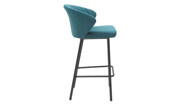 Tabouret De Bar Design En Tissu Velours Gaufré Bleu Pétrole Et Métal Noir H68 Cm DALLY 4