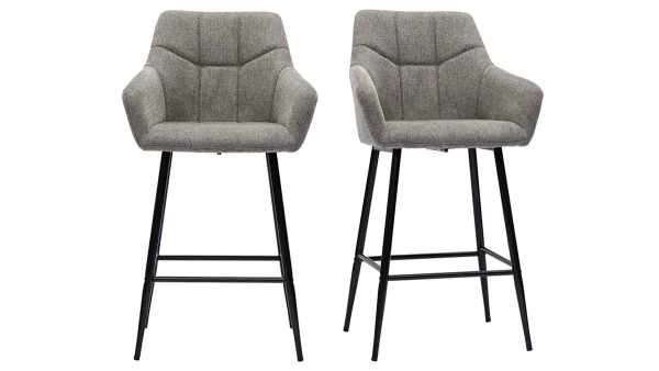 magasin Tabourets De Bar Avec Sièges Matelassés En Tissu Effet Velours Texturé Gris Et Métal Noir H65 Cm (lot De 2) MONTERO 1