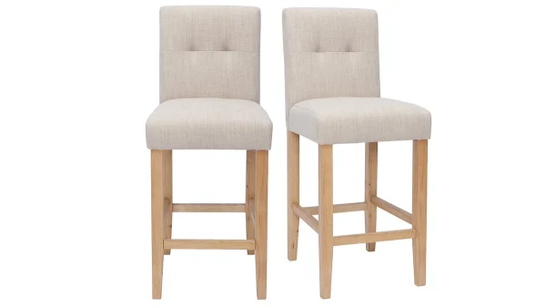 Tabourets De Bar Capitonnés Beige Naturel Et Bois H66 Cm (lot De 2) ESTER 1