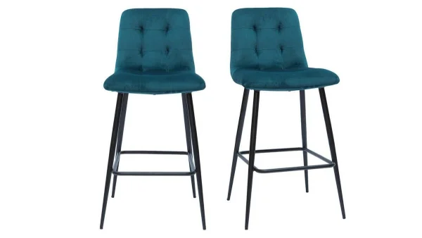 Tabourets De Bar Design En Tissu Velours Gaufré Bleu Pétrole Et Métal H65 Cm (lot De 2) ESCAPE 1