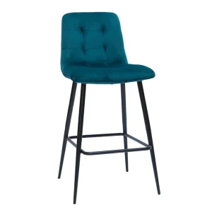 Tabourets De Bar Design En Tissu Velours Gaufré Bleu Pétrole Et Métal H65 Cm (lot De 2) ESCAPE 13