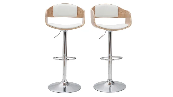 marque pas cher Tabourets De Bar Design Réglables En Polyuréthane Blanc Et Bois Clair (lot De 2) EUSTACHE 1