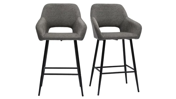 Tabourets De Bar En Tissu Effet Velours Texturé Gris Et Métal H65 Cm (lot De 2) LAURETTE 1