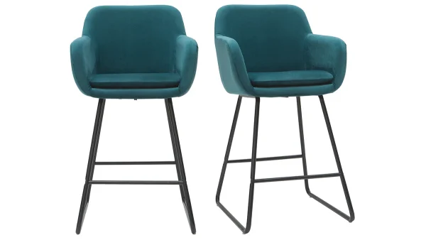 Nouvelle Collection Tabourets De Bar En Velours Bleu Pétrole H65 Cm (lot De 2) AMIKA 1