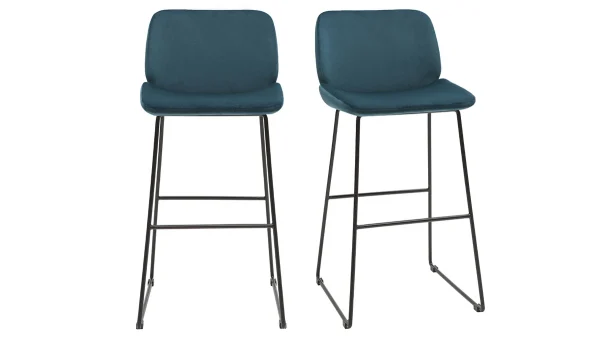 grande surprise Tabourets De Bar Fixes En Tissu Velours Bleu Canard Pieds Métal Noir H65 (lot De 2) KAOLY 1