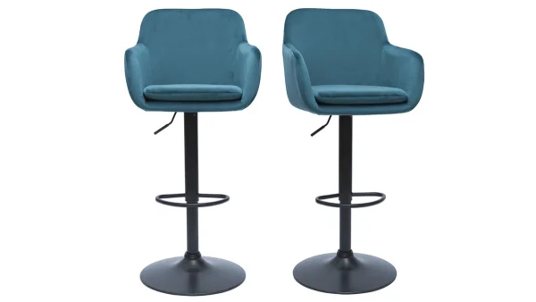 Tabourets De Bar Réglables En Tissu Velours Bleu Pétrole Et Métal Noir (lot De 2) AMIKA 1