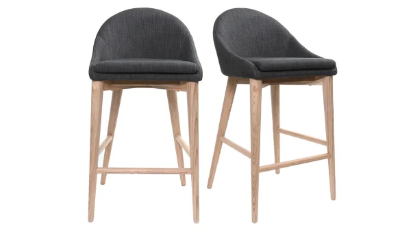 Tabourets De Bar Scandinaves En Tissu Gris Anthracite Et Frêne Massif H66 Cm (lot De 2) DALIA 1