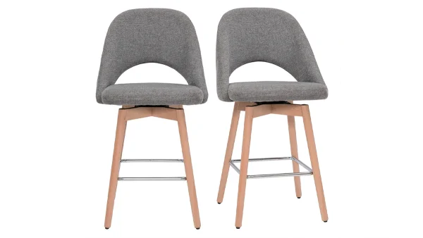 beauté Tabourets De Bar Scandinaves Tissu Effet Velours Texturé Gris Et Hévéa Massif 65 Cm (lot De 2) COSETTE 1