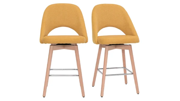 Tabourets De Bar Scandinaves Tissu Effet Velours Texturé Jaune Et Hévéa Massif 65 Cm (lot De 2) COSETTE 1